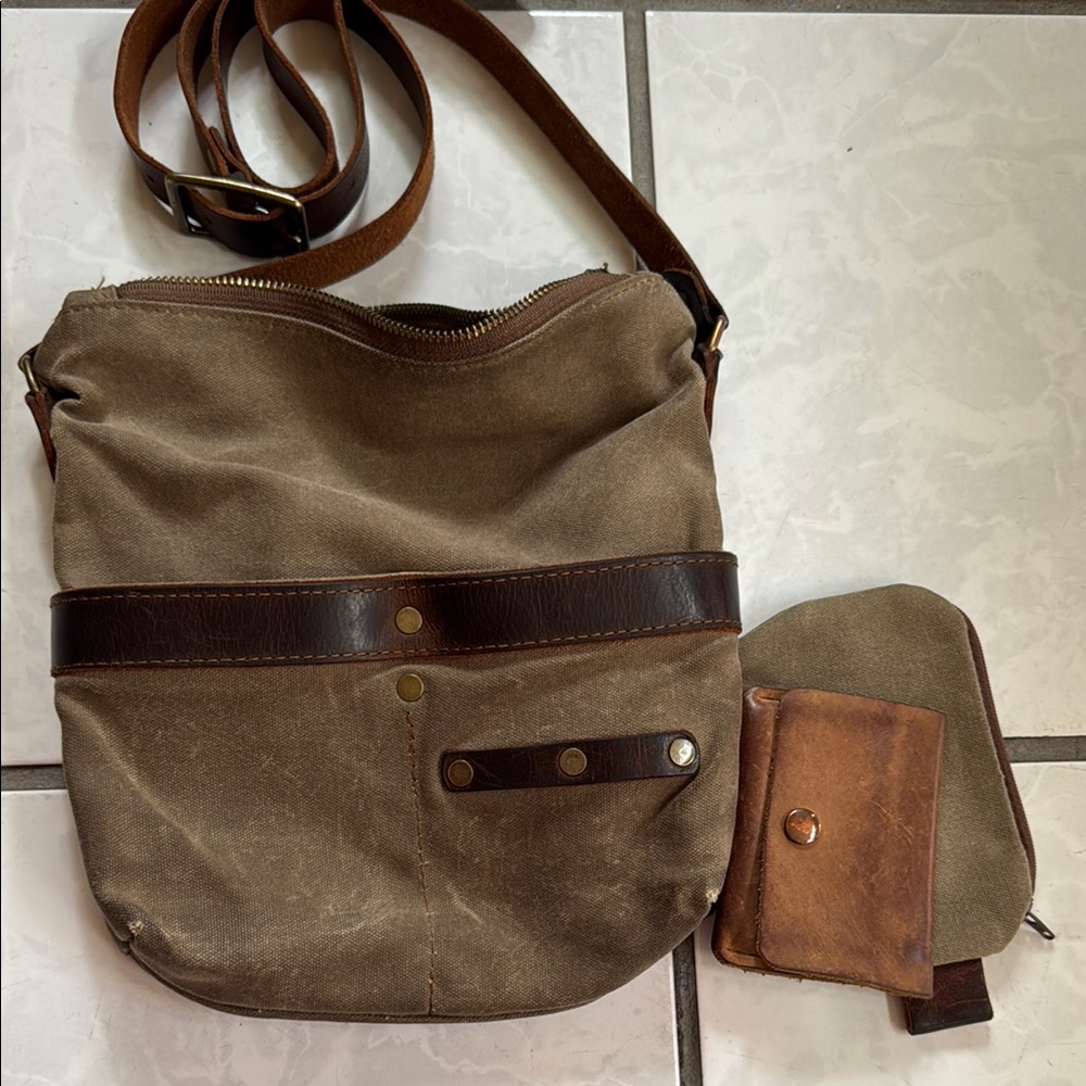 Brown Canvas and Leather Bag Set